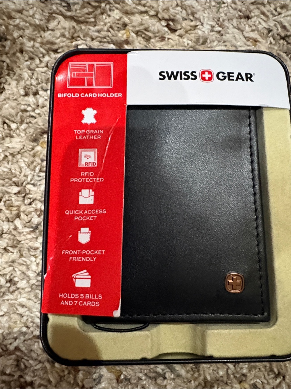 SwissGear Black Leather Bifold Card Holder with Metal Logo
